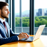 A focused young professional, fully clothed in a modest business suit, sits at a sleek desk in a bright, modern office. On the desk, a laptop displays complex sustainability data charts and reports on renewable energy trends. The background features blurred, large windows showing a clean, green urban landscape. Professional photography, high-resolution, sharp focus, natural pose, perfect anatomy, correct proportions, well-formed hands, proper finger count, natural body proportions, safe for work, appropriate content, professional dress, family-friendly.