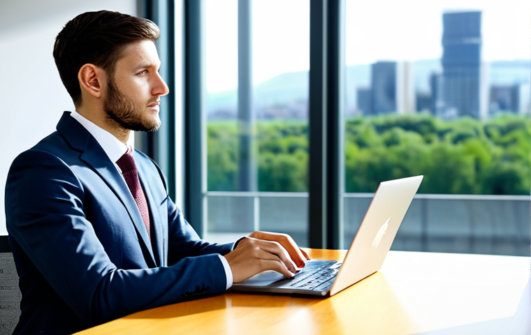 A focused young professional, fully clothed in a modest business suit, sits at a sleek desk in a bright, modern office. On the desk, a laptop displays complex sustainability data charts and reports on renewable energy trends. The background features blurred, large windows showing a clean, green urban landscape. Professional photography, high-resolution, sharp focus, natural pose, perfect anatomy, correct proportions, well-formed hands, proper finger count, natural body proportions, safe for work, appropriate content, professional dress, family-friendly.